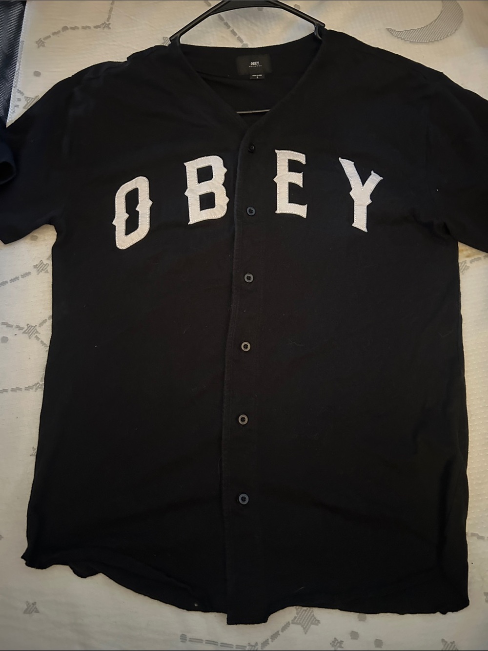 Obey Men’s Black Button-Up Jersey with White Lettering